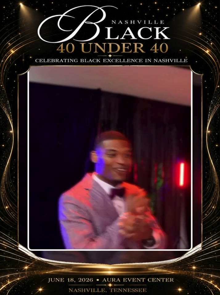 A formally dressed guest steps into a gold-framed 360 booth moment at a Nashville celebration.
